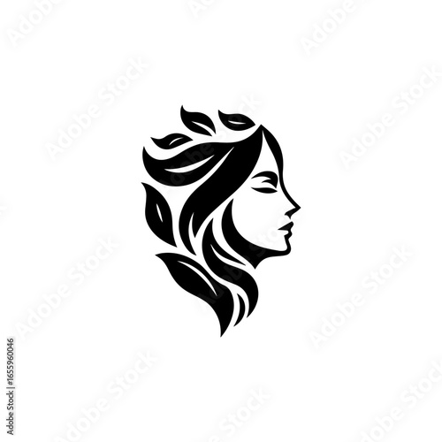 Elegant Monochrome Woman Profile with Leaf Hair Design.