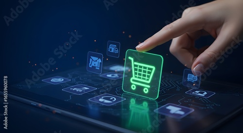 Futuristic Online Shopping: Finger Taps a Glowing Green Cart Icon on a Digital Circuit Board Interface.