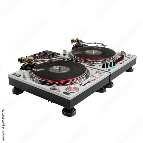 Two professional DJ turntables with black records in transparent background for music and audio design concept