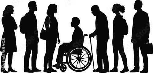 Silhouettes of diverse people, standing in line, wheelchair user, cane support, inclusive group, accessibility concept, assistive devices, unity