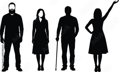 Silhouettes of diverse people, standing side by side, bearded man, woman in dress, person with cane, raised arm, black figures