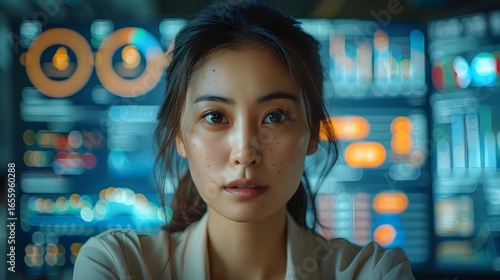 A confident Asian female executive leading a business presentation, standing in front of a large digital screen filled with interactive data visuals, charts, graphs, and analytics dashboards, modern c
