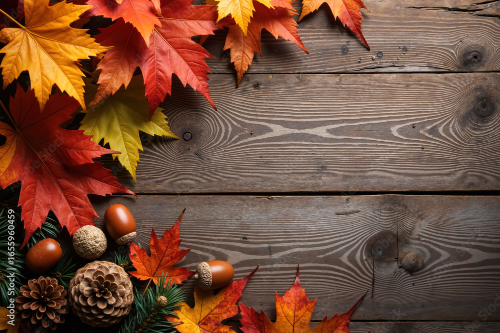 Obraz premium Vibrant autumn leaves, pinecones, and acorns on a dark wooden background, creating a cozy atmosphere, with visible wood grain and knots, evoking a sense of fall season.