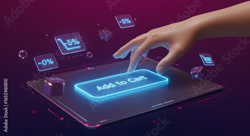 Futuristic Online Shopping: Hand Presses Glowing Blue 'Add to Cart' on Virtual Display