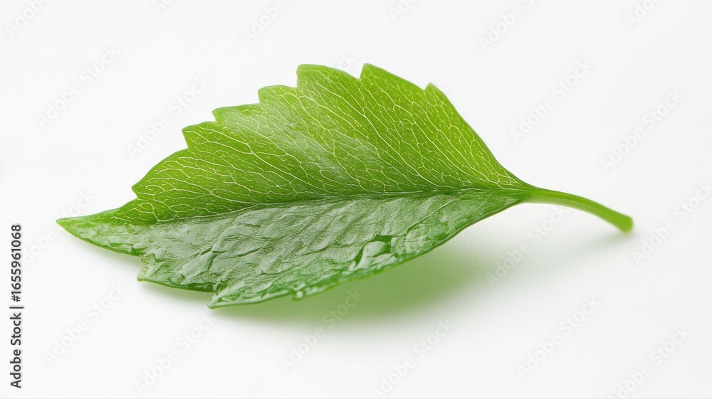 Fototapeta premium Fresh Green Leaf Detail on White Background leaf green fresh detail background single plant nature