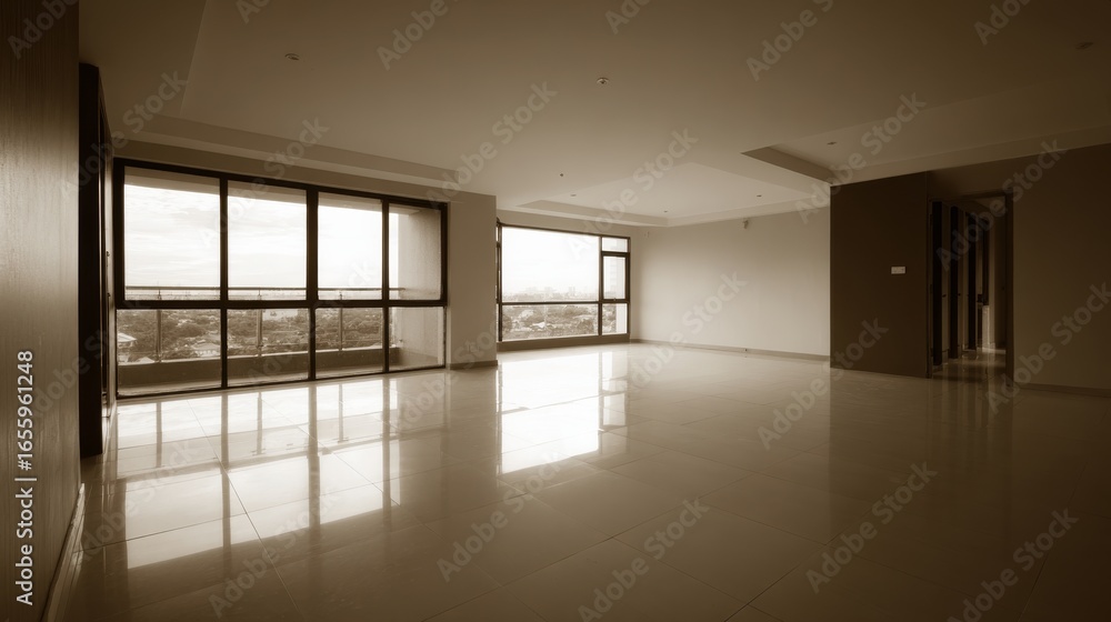 Fototapeta premium A modern minimalist empty room with large windows offering a bright view of the outside,