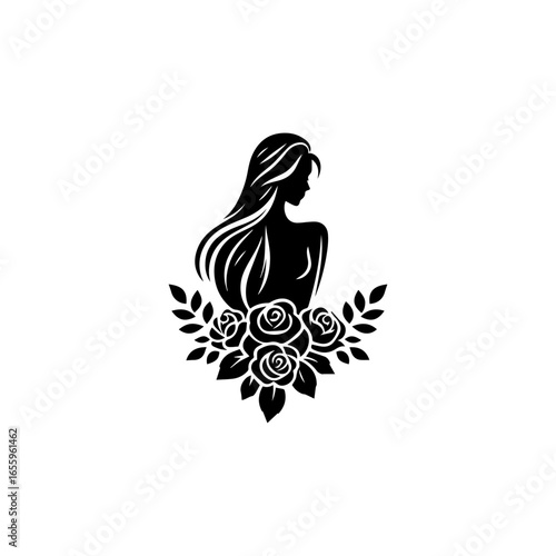Elegant Silhouette of a Woman with a Rose Bouquet.