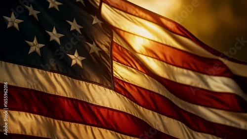 Closeup of American flag at sunset waving in slow motion