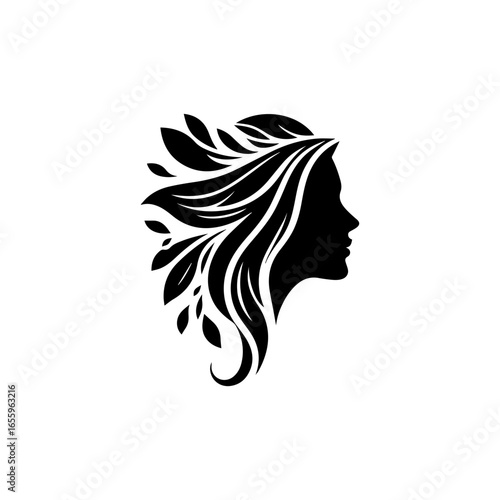 Elegant Womans Silhouette with Flowing Hair and Leaf Adornments in Black.