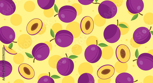 Plum Pattern: Sliced and Whole Purple Fruits with Green Leaves on Yellow Background