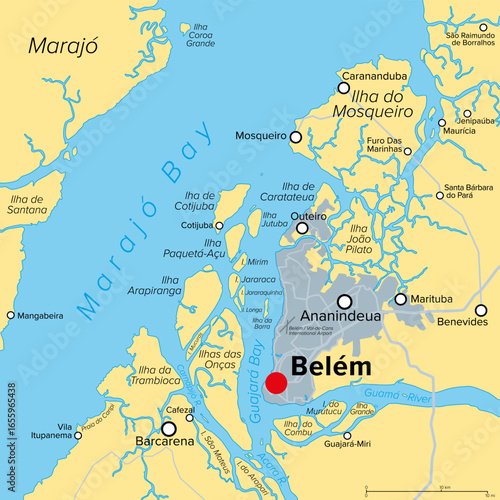 Belém and surroundings, Pará, Brazil, political map. Capital and largest city of the state of Pará located in the Northern region of Brazil, on the Guajará Bay. A busy gateway to the Amazon River.