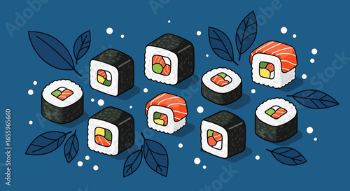 Stylized Sushi Rolls with Salmon, Avocado, and Egg, Garnished with Dark Blue Leaves