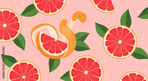 Vibrant Grapefruit Slices and Peel with Green Leaves on Pink Background