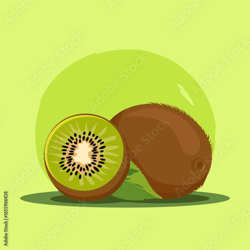 Juicy and healthy green kiwi with green leaf isolated on bright colorful background. Vector fruit illustration in flat style. Summer clipart for diet design, healthy lifestyle, nutrition