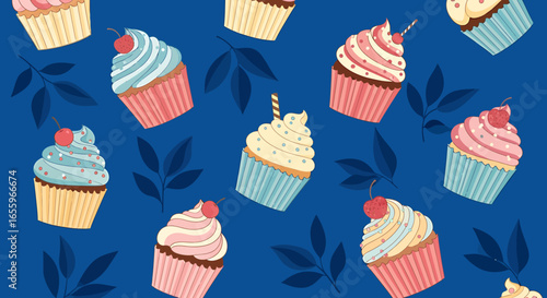 Whimsical Cupcakes with Cherry Toppings and Decorative Leafy Accents on Blue