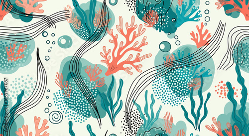 Whimsical Underwater Scene with Coral, Seaweed, and Abstract Decorative Elements.