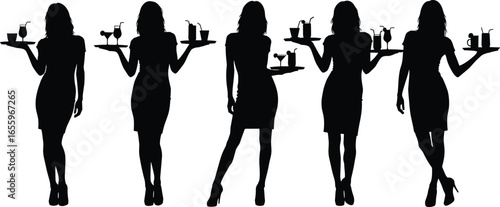 Silhouettes of servers with drinks, tray holding poses, beverage service, hospitality staff, restaurant bar, black figures, cups, straws, stirrers, white background