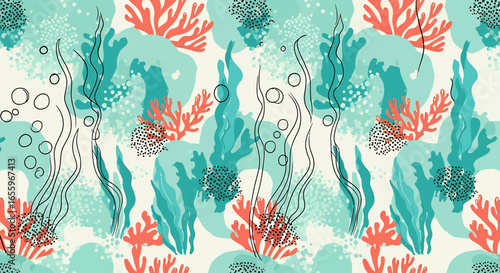 Abstract Underwater Scene with Coral, Seaweed, and Bubbles Pattern