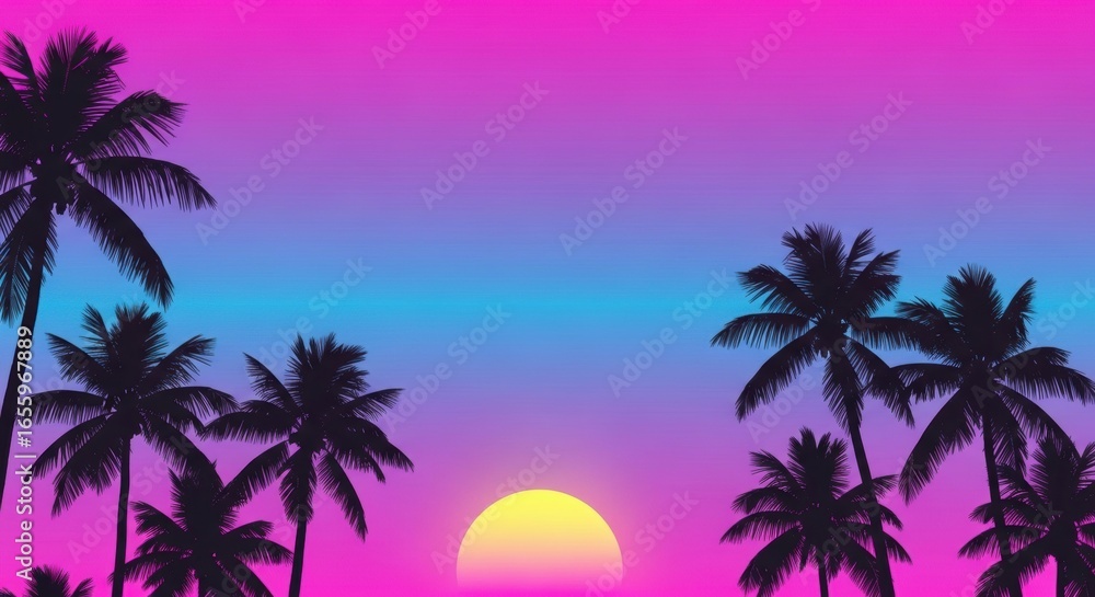 Naklejka premium Tropical sunset with palm trees in silhouette against a vibrant, retro-style sky.