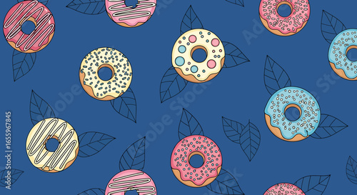 Cartoon donuts with various toppings and leaf outlines on a blue background