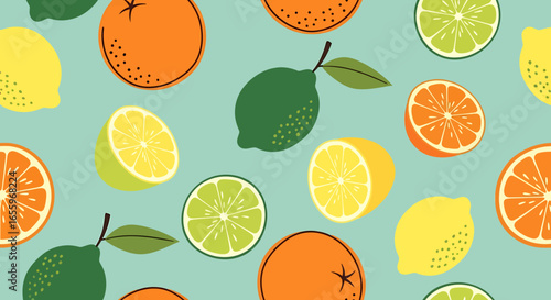 Colorful Citrus Fruits Pattern with Limes, Lemons, and Oranges on a Light Blue Background