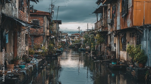 Waterway community with aged structures, reflecting daily life in a less privileged neighborhood under a gloomy sky. Houses line the flooded street.