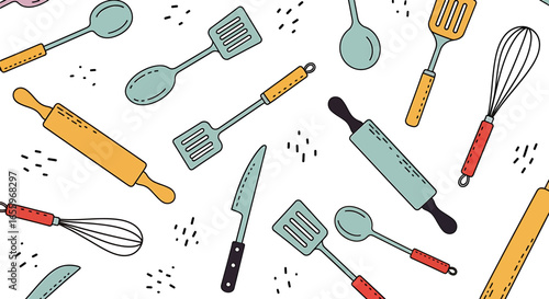 Colorful Kitchen Utensil Pattern: Spoons, Spatulas, Rolling Pins, Whisk, and Knife