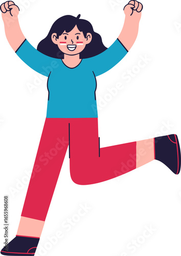 A joyful cartoon character leaping with arms raised in celebration, showing pure happiness.