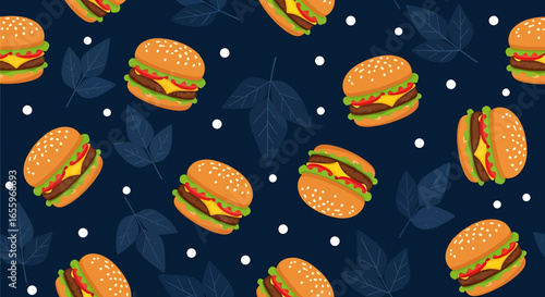 Delicious, Patterned Burgers with Cheese, Lettuce, and Tomato on Dark Blue Background