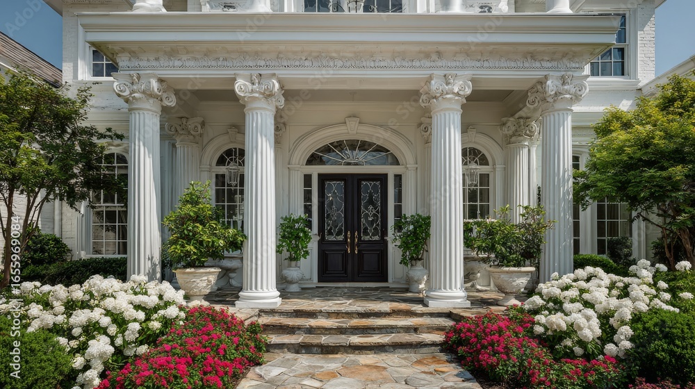Fototapeta premium A grand white Anglo Romanesque style house with an ornate entrance featuring four decorative columns supporting a canopy