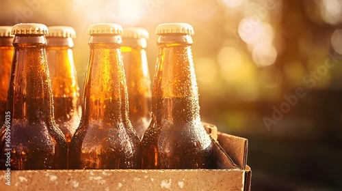 Six Brown Beer Bottles in Cardboard Carrier under Warm Sunlight perfect for brewery advertising, beverage packaging design, bar promotions and craft beer festival marketing