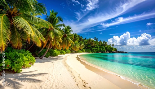 Fototapeta Naklejka Na Ścianę i Meble -  Pristine White Sand Beach with Lush Palms and Turquoise Waters Under a Vibrant Blue Sky