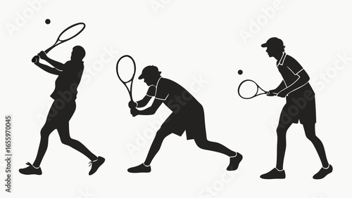 Tennis players silhouettes in action hitting ball with racket vector graphic illustration for sport background and competition design featuring dynamic poses