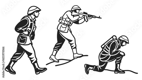 Three soldiers in different stances depict combat readiness and vigilance in a vector illustration showcasing military discipline and strategic positioning