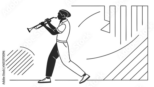 Vector illustration of a musician playing the trumpet in a modern and abstract setting with clean lines and geometric shapes
