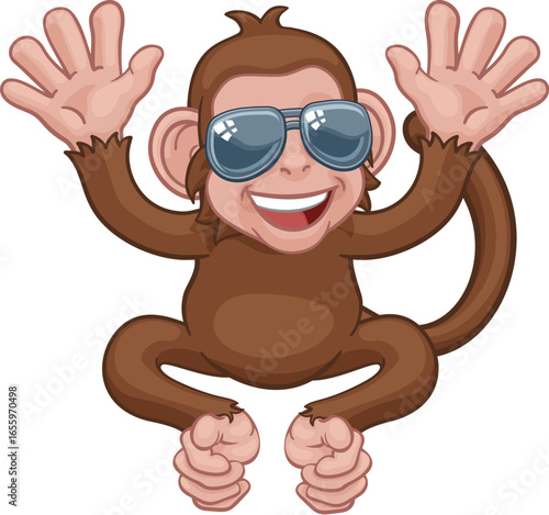 A monkey cool cute happy cartoon character animal wearing sunglasses waving with both hands