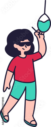 A cartoon illustration of a person in sunglasses and summer attire holding up a refreshing teal-colored drink with a straw.