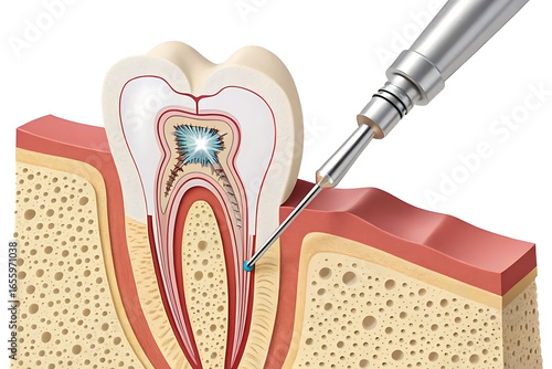 Illustration of a tooth cross section with a dental tool during a root canal procedure shown clearly created with generated ai