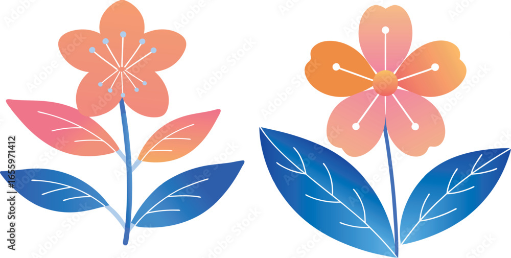 Fototapeta premium Vibrant watercolor illustrations of two stylized flowers with orange petals and blue leaves Art & Illustration