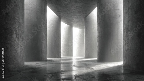 Futuristic architecture with tall cylindrical columns under a high arching roof, dramatic light and shadow patterns,