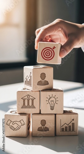 Building Business Success Strategy Wooden Blocks with Target Goal Hand Placing Top Piece Achieving Business Objective Focus and Innovation