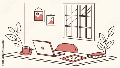 Home office desk setup illustration with laptop window and plant for remote work and study concept
