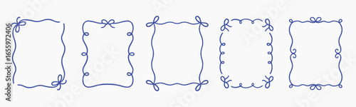 Whimsical wedding frame doodle set. Coquette boarders with bows and ribbons in sketch style. Hand drawn Vintage vector illustration for Valentine’s Day, wedding invitations.