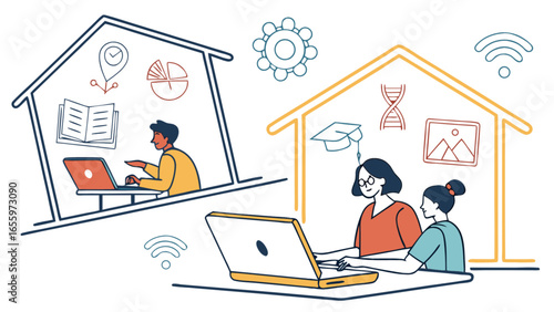 Illustration of online education remote learning and working from home concept with people using laptops
