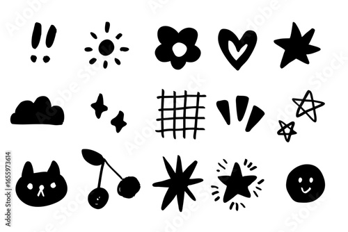 モノクロ手描き落書きアイコンセット — 黒一色のシンプルでかわいい太陽・星・ハート・猫・雲など16種