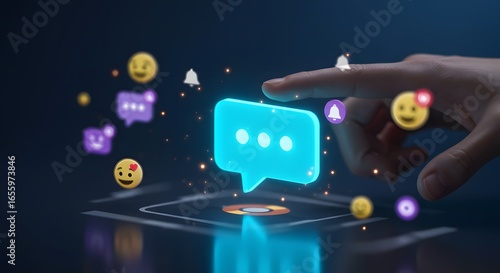 A hand touches a glowing blue chat bubble surrounded by emojis and notification bells on a dark blue background.