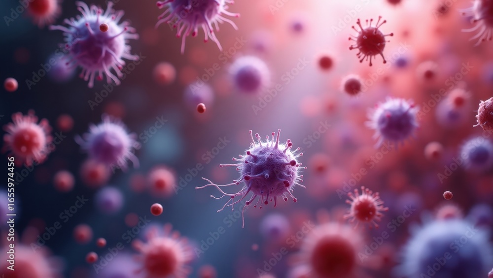 Obraz premium Pink microorganisms and bacteria in 3D, detailed scientific illustration with realistic textures and blue background, high resolution, 4K 