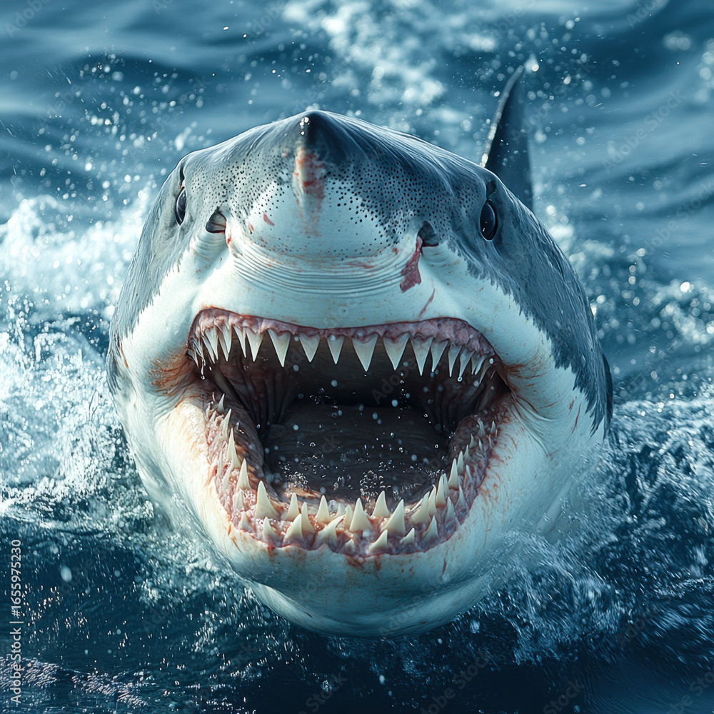 Fototapeta premium Great white shark with open mouth in water.