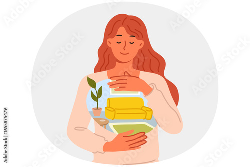 Homesick for woman who feels happiness and melancholy after relocation or during business trip. Girl keeps memories of beloved home in soul and experiences homesick desire to return