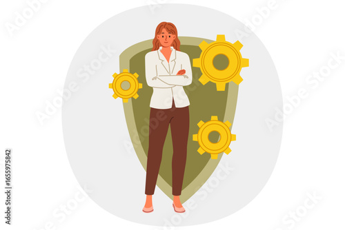 Woman cyber security engineer recommends antivirus for data protection, stands near shield and gears. System administrator reminds you of importance of cyber security and restricting access to data
